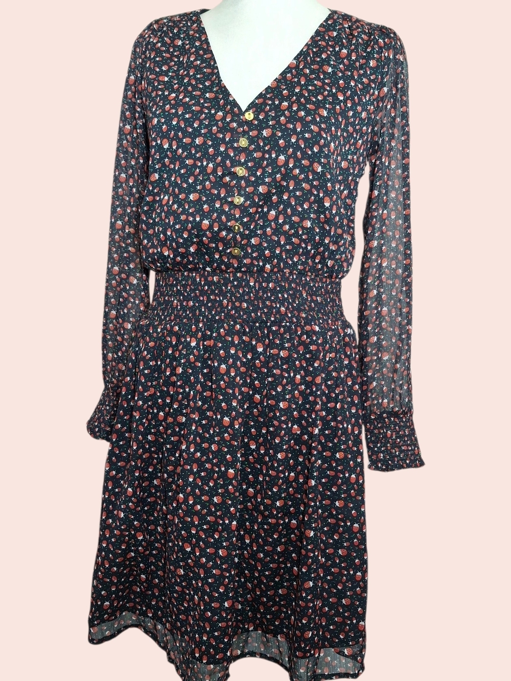 LOFT Women's Navy Blue Ladybug V‑Neck Long‑Sleeve Dress - Size SX